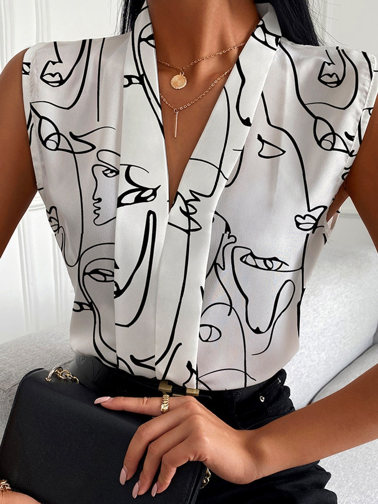 Back to School Women Summer Fashion Female Top Nespaper Print V Neck Long Sleevless Casual Blouse Tops