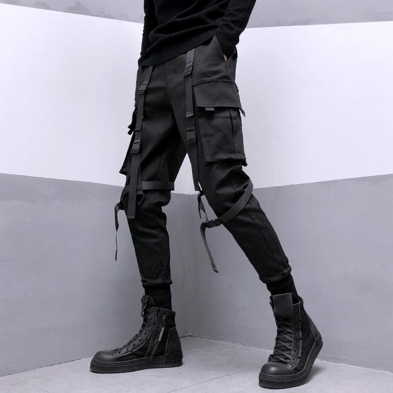 swvws Back To School  Black Cargo Pants For Men Cargo Trousers Male Japanese Streetwear Hip Hop Spring Ribbon Pocket Harajuku Fashion