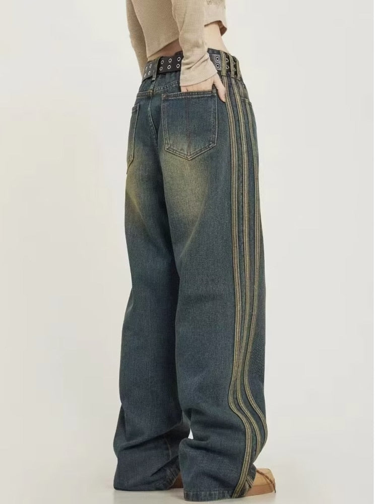 swvws Vintage Washed Old High Street Side Striped Jeans Women's Loose Wide Leg Slim Pants Women's Jeans