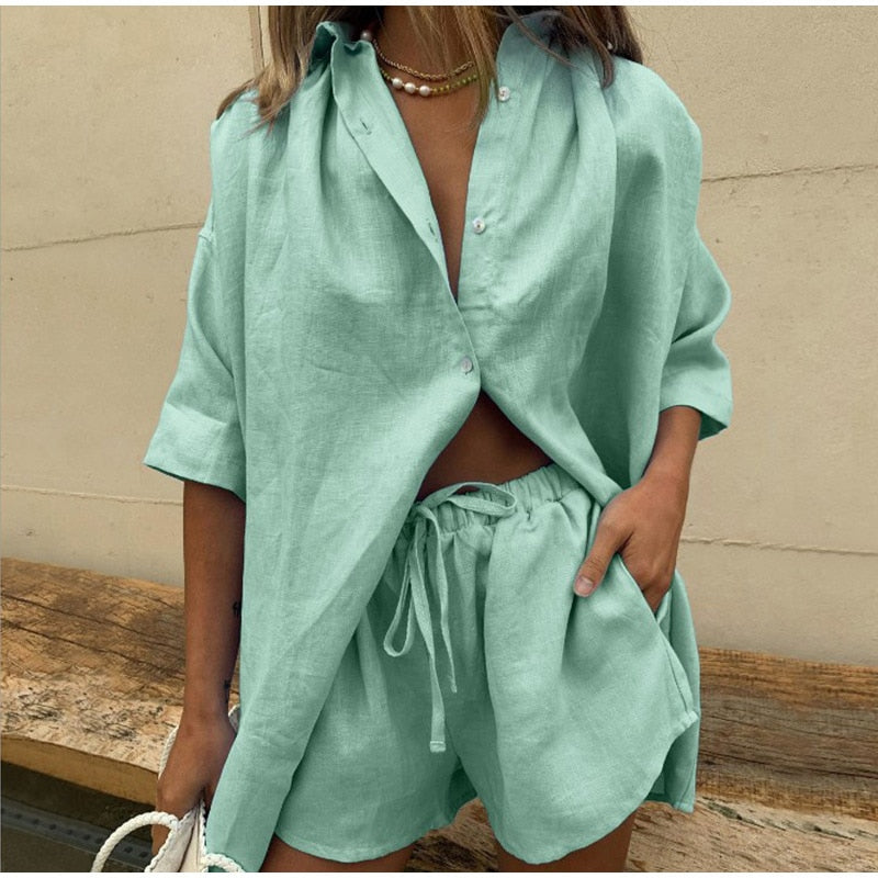 swvws Back To School Women Casual Tracksuit Shorts Set Summer Long Sleeve Shirt Tops And Mini Drawstring Shorts Suit Lounge Wear Two Piece Set