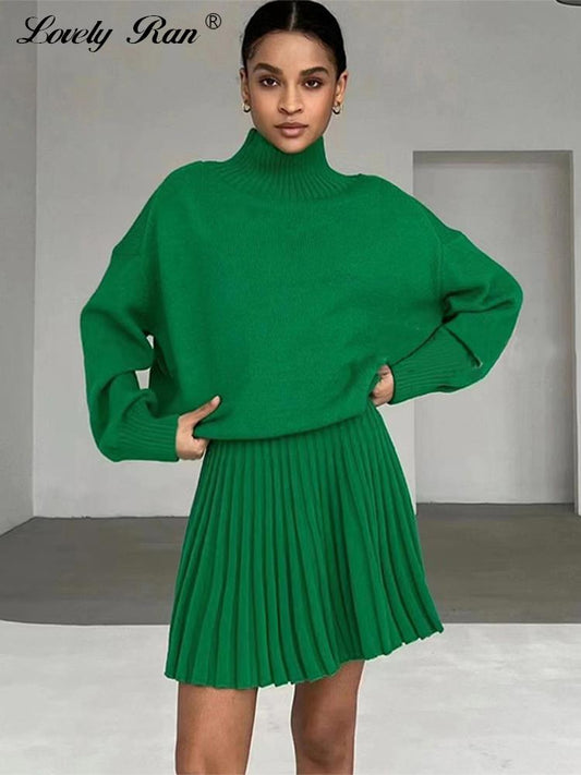 swvws Autumn Knitted Skirts Sets Women Mini Pleated Skirt Long Sleeve Slim Crop Pullover Lady 2 Pieces Set  Casual Female Suits