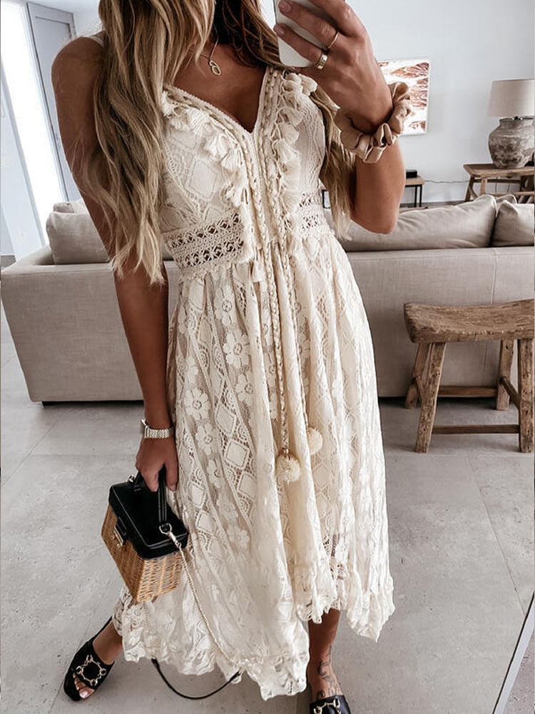 swvws Women Summer Maxi Dress Lady Off Shoulder Boho Dress Sexy Lace V Neck Spaghetti Strap Sundress White Dress Vestidos De Mujer