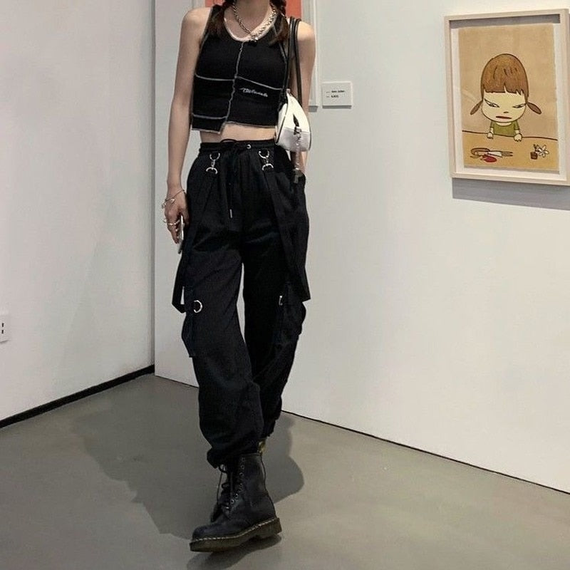 swvws Gothic Cargo Pants Women Harajuku Black High Waisted Hippie Streetwear Kpop Oversize Mall Goth Wide Trousers For Female