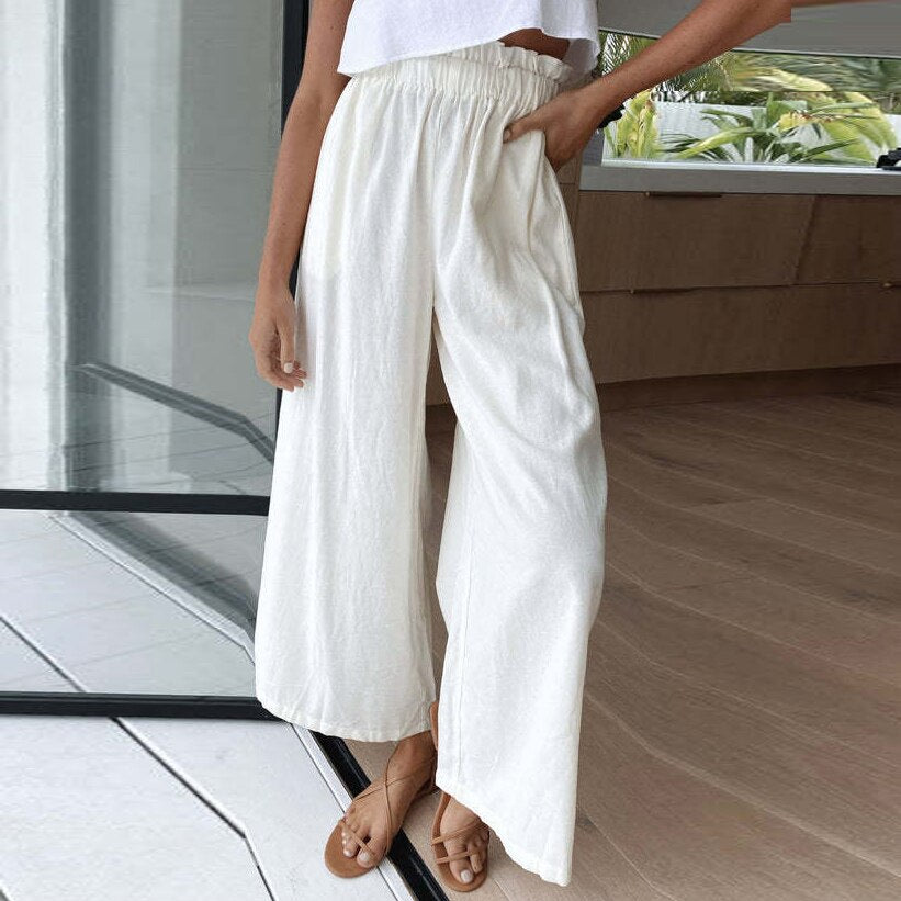 swvws Summer Cotton Linen Long Pant Women High Waist Wide Leg Pant Casual Solid Baggy Trouser Female Loose Retro Sweatpant Streetwear