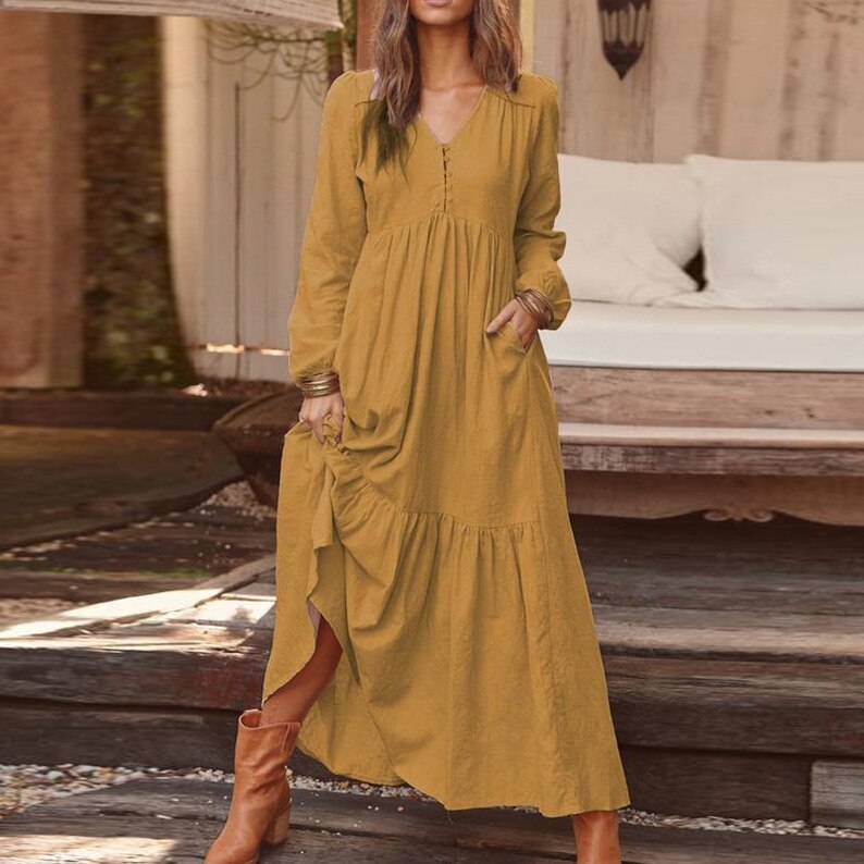 swvws Casual Long Linen Dress Women V Neck Cotton Maxi Dress Summer Vintage Long Sleeve Loose Dress Solid High Waist Big Swing Dress