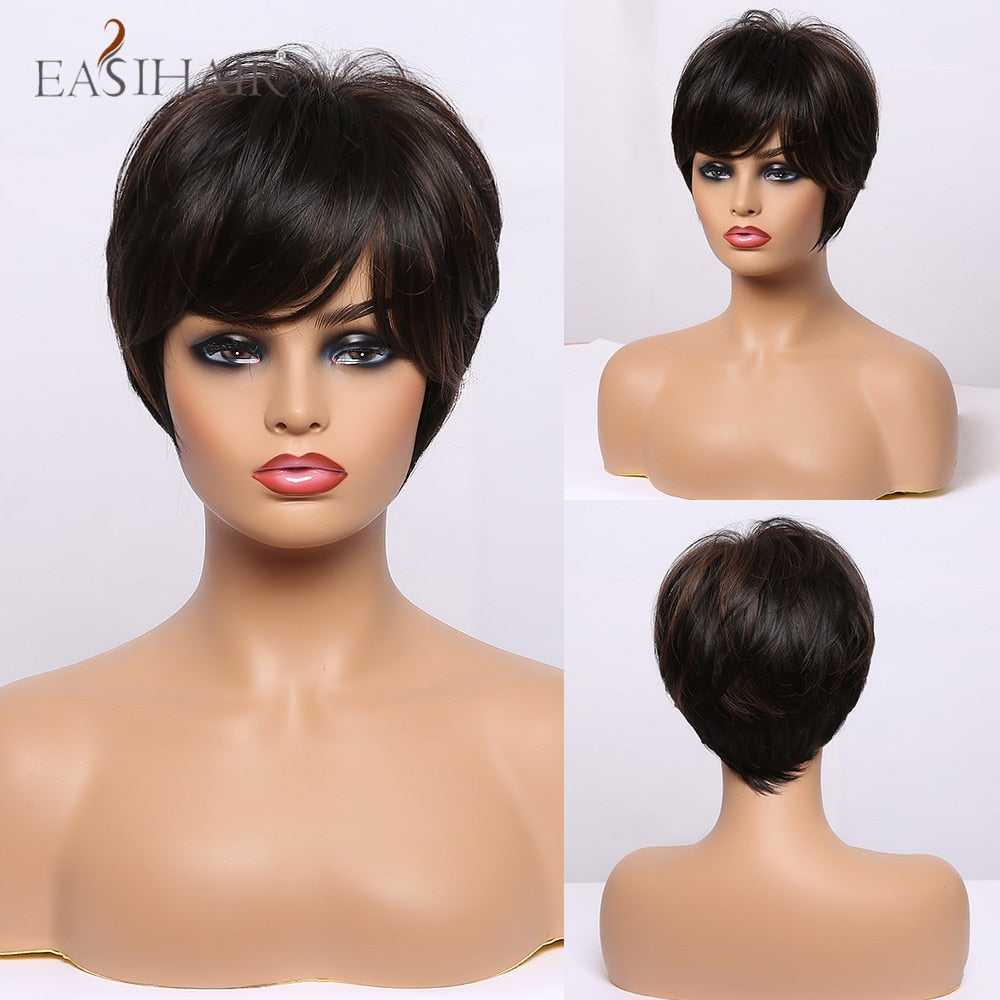 swvws  Short Hair Wig With Bangs Pixie Cut Ombre Black Ash Light Blonde Synthetic Wigs For Women Cosplay Wigs Heat Resistant