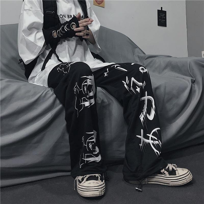 swvws Japanese Anime Print Sweatpants Women Vintage Streetwear Oversize Wide Leg Pants Jogging Casual Trousers Female Mall Goth