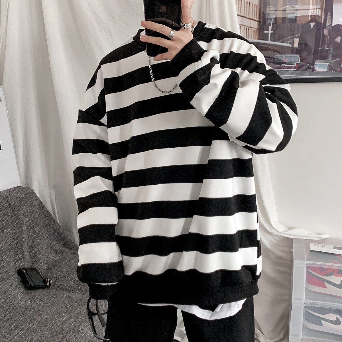 swvws Autumn Striped Sweatshirts Casual Oversized Pullovers Fashion Hip Hop Harajuku Streetwear Loose Women Jumpers Teen Couple Tops