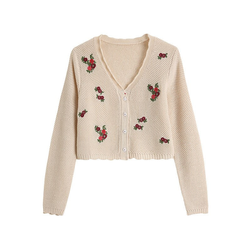 swvws Vintage Embroidery Short Knitted Cardigan Women Crop Top Korean Style V-Neck Long Sleeve Buttons Slim Thin Sweater Coat Female