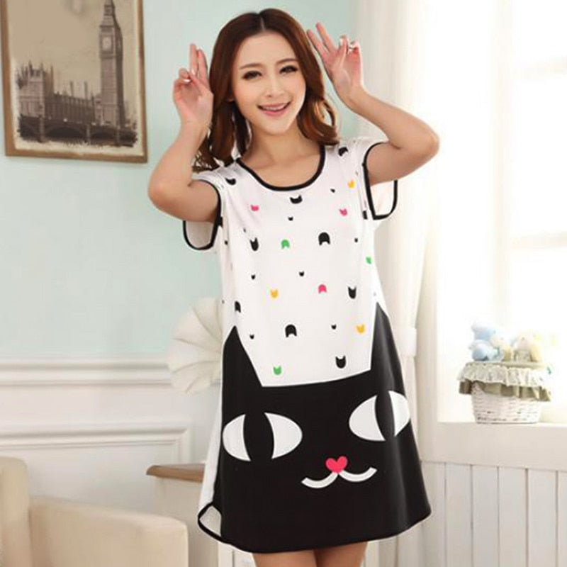 swvws Summer Cartoon Nightdress Ladies Milk Silk Double-Sided Printing Cute Nightdress Women's Nightgown Sleepwear Night Wear