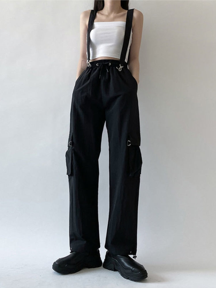 swvws Goth Cargo Pants Women Punk Capris Pants Harajuku High Waist Pants Oversize Detachable Strap Casual Trousers Emo Techwear