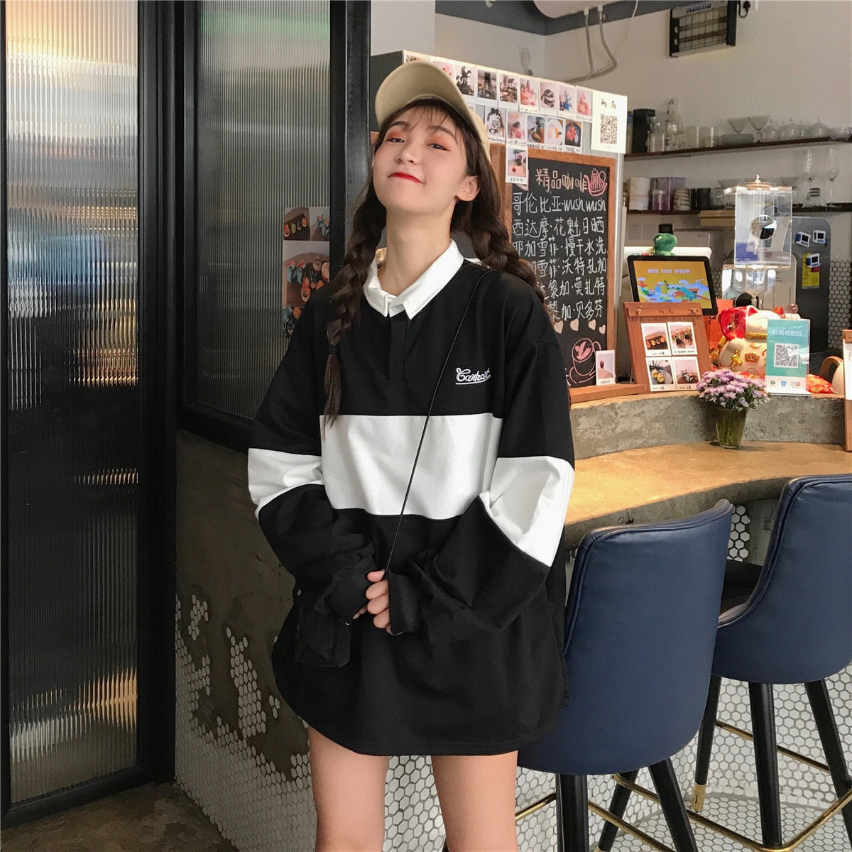 swvws Women Winter Leisure Polo Collar Pullover Fashion Kpop Letters Long Sleeve Sweatshirts Female College Style Jumper Streetwear