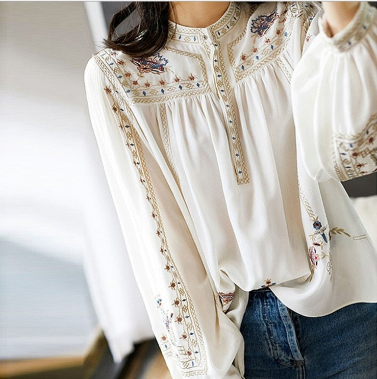 swvws Vintage Print White Blouse Women  Spring Autumn Elegant Long Puff Sleeve Casual Shirts Female Korean Style Sweet Lady Tops