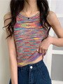 swvws Colorful Striped Summer Tanks Tops Women Korean Rainbow Sleeveless Shirts Top O-Neck Slim Knitted Top Slim Sexy Streetwear