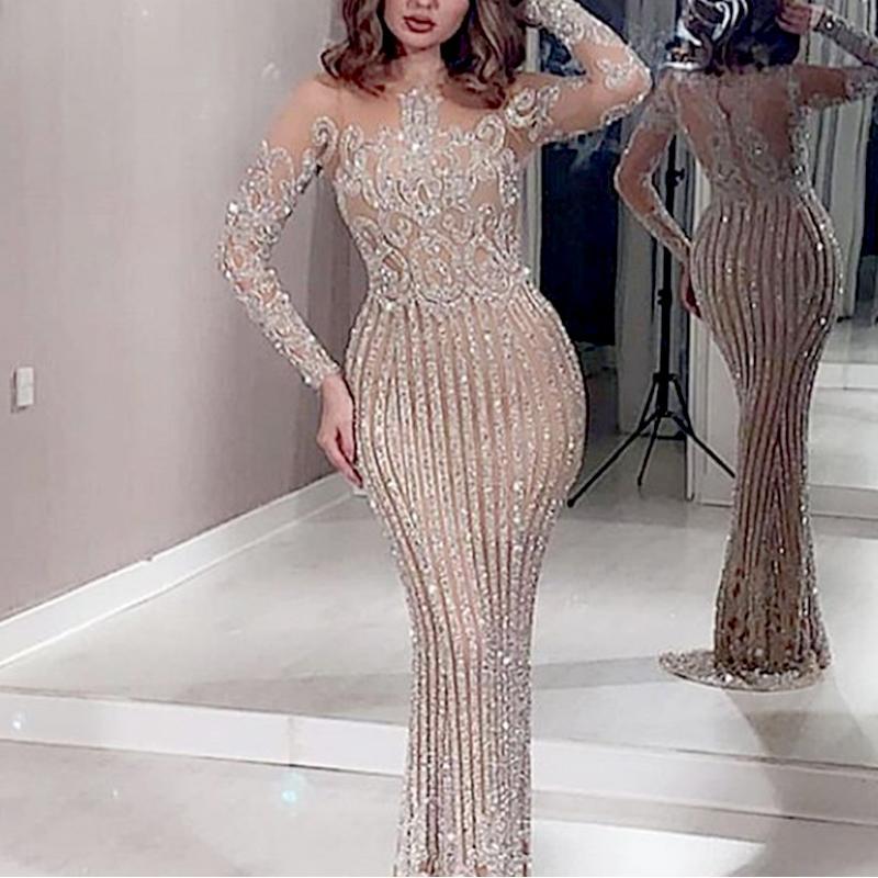 swvws Winter Women's Sexy High Waist Bodycon Dress Bronze Ball Dresses Female Dinner Party Long Sleeve Full Length Dress Shiny Sequins