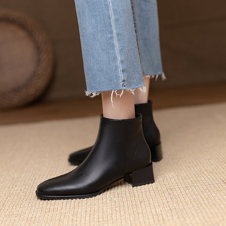 swvws Women Ankle Boots Mid Heels Dress Shoes Woman Ol Office Lady Shoes Winter Botines with Zipper Black Botas De Mujer Brown