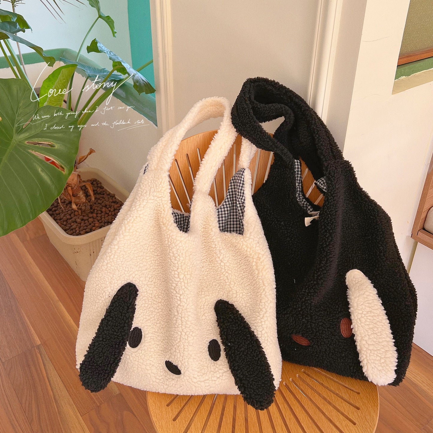 swvws  New Winter Warm Plush Bag Women Imitation Lamb Hair Cartoon Dog Ears Shoulder Bag For Women Large-capacity Tote Bag Handbag