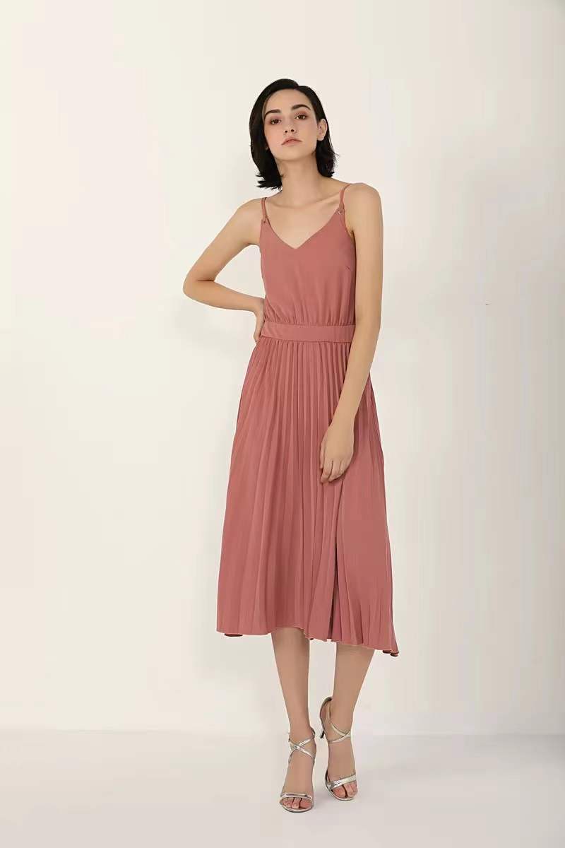 swvws Summer Strap Pleated Dress Women Vintage Sexy V-Neck Backless Midi Dress Elegant Franch Bodycon A-Line High Waist Party Vestidos