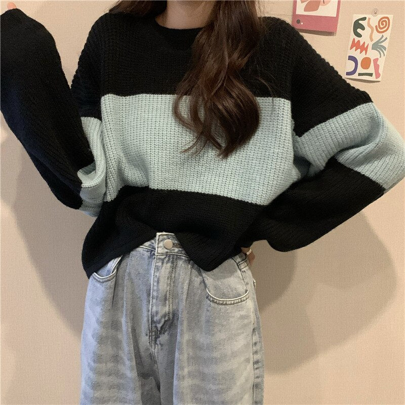 swvws Autumn Winter Knitted Sweater Women Casual Stripe Pullover Korean Vintage Loose Short Knitwear Female Long Sleeve O Neck Sweater