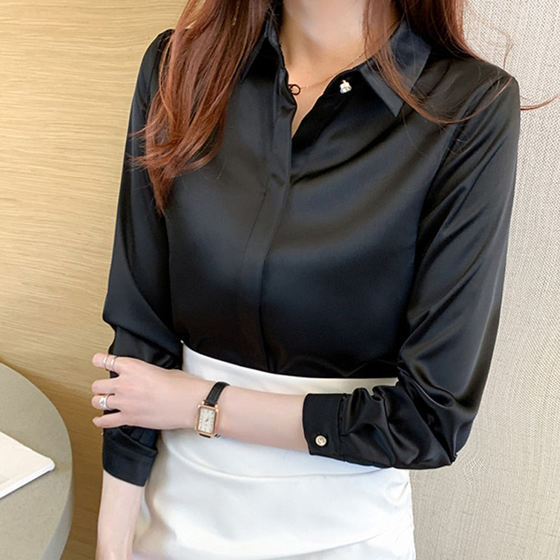 swvws Office Lady Silk Women Shirt Blouse Tops Button Shirts Female Long Sleeve Satin Blouses For Women Clothing Chemise Femme 17276