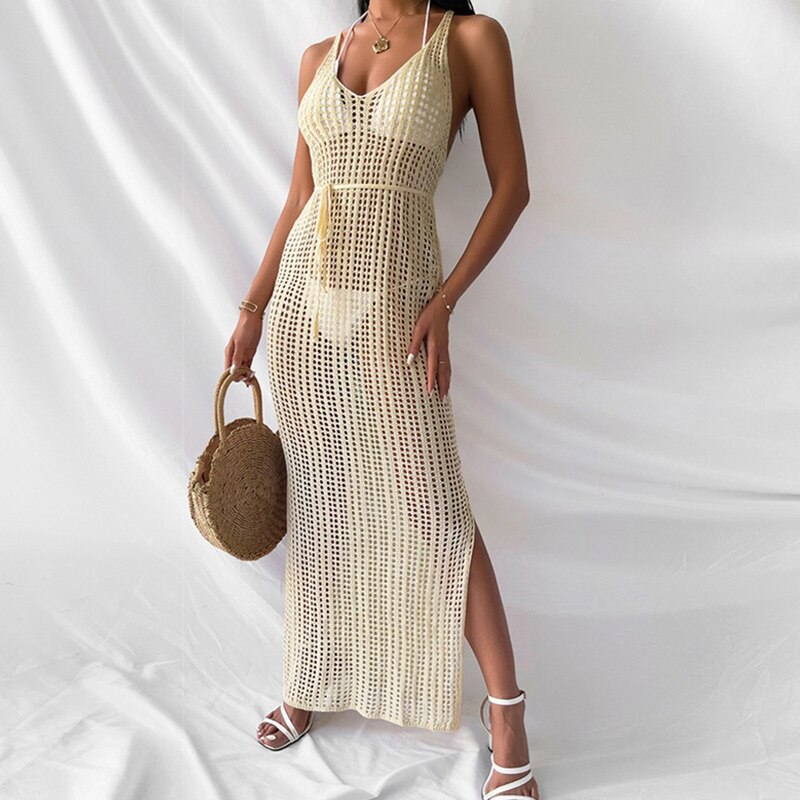 swvws Maxi Dress Women Cut Out Sexy Beach Halter Backless Summer Long Dresses Female  Party Elegant Knit Bodycon Vestidos