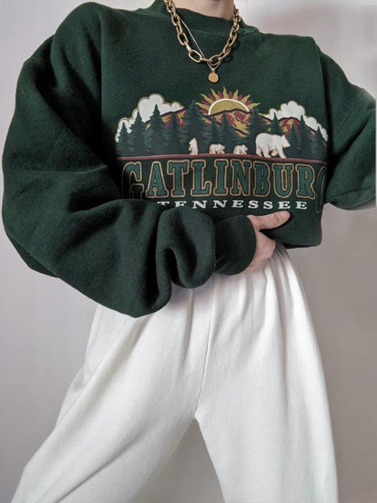 swvws Y2K Vintage Green Women Hoodies Oversize E Girl Aesthetic Print Sweatshirt Autumn 90S Street Pullover Long Sleeve Top