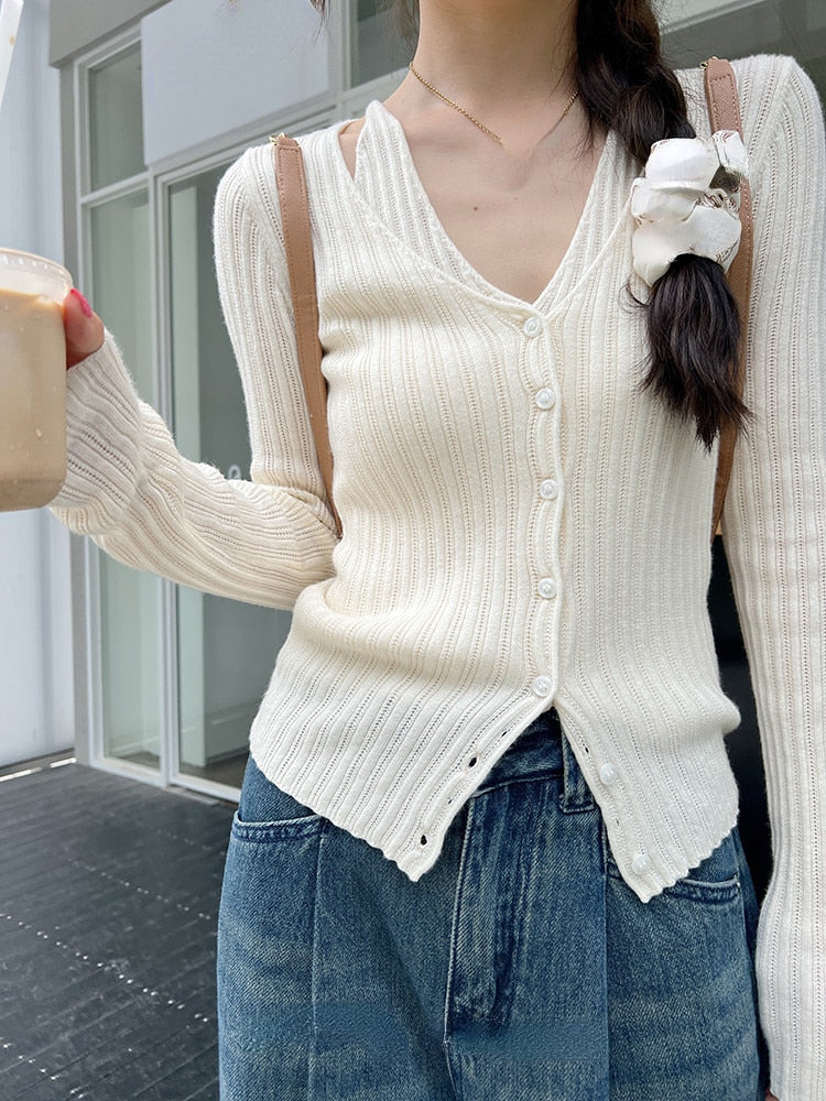 swvws  Autumn V-Neck Knitted Cardigan Women Pure Color Casual Long Sleeve Slim Sweater Office Lady Y2k Crop Tops Female Korean