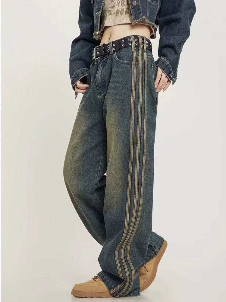 swvws Vintage Washed Old High Street Side Striped Jeans Women's Loose Wide Leg Slim Pants Women's Jeans