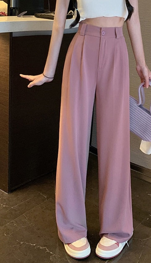 swvws  Summer Elastic Waist Suit Pants Women Office Lady Fashion Casual Pants Straight Slim Loose Trousers Woman Pink Black