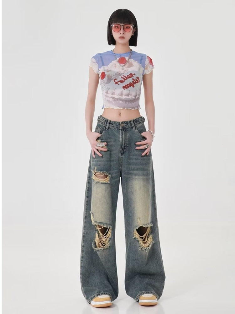 swvws High Street Perforated Jeans Women's Summer New INS Fashion Brand Straight Tube Loose Sweeping Wide Leg Pants Women's Jeans