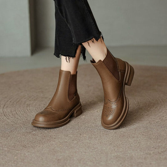 swvws Autumn Boots  Women Shoes Round Toe Chelsea Boots for Women Split Leather Brogues Winter Chunky Heel Ankle Boots Black Motorcycle Boots