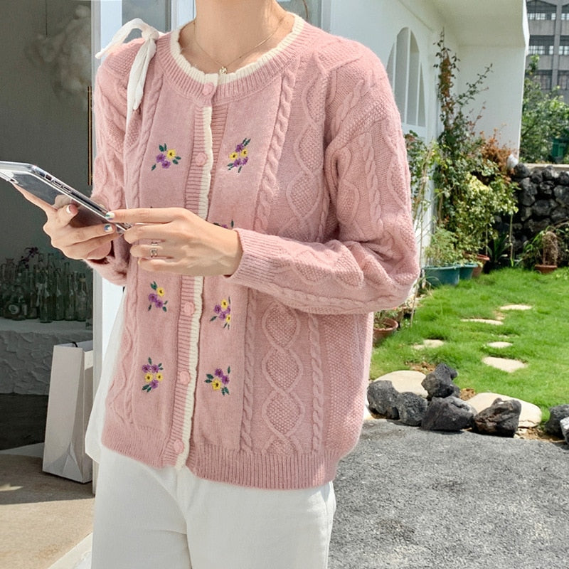 swvws Vintage Flower Embroidery Cardigan Women Korean Style Button-Up Loose Sweater Coat Autumn Long Sleeve Knitted Jacket Female Tops