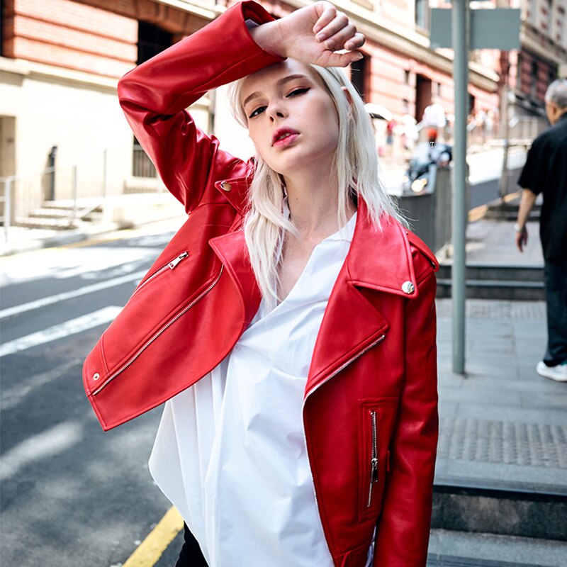 swvws  Autumn Faux Leather Coat Women Red PU Leather Jacket Women Short Biker Jackets Turn Down Collar Slim Motorcycle Outwear