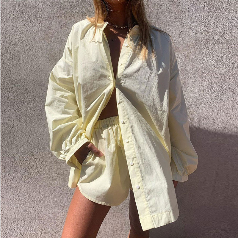 swvws Back To School Women Casual Tracksuit Shorts Set Summer Long Sleeve Shirt Tops And Mini Drawstring Shorts Suit Lounge Wear Two Piece Set