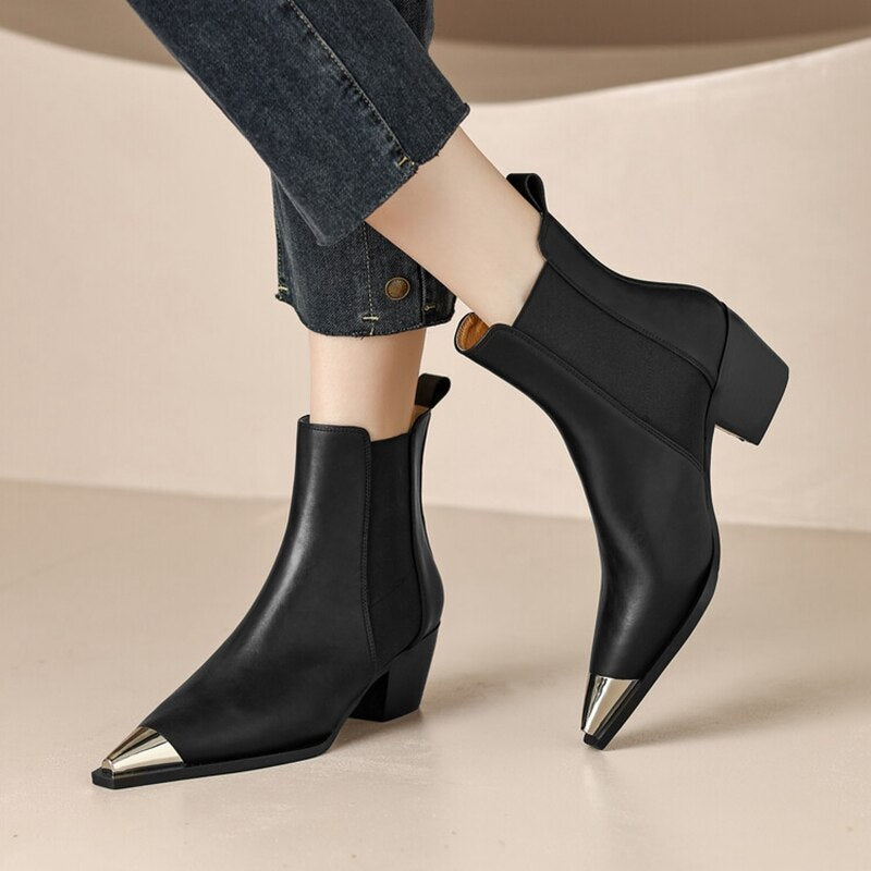 swvws  fashion inspo   NEW Fall Women Boots Pointed Toe Chunky Heel Shoes for Women Black Split Leather Shoes Winter Concise Western Boots Cowboy Boots