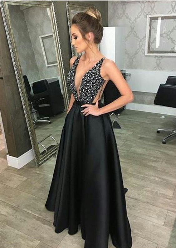 swvws Deep V-Neck Sequined Evening Robe Dress Fashion Elegant Backless Black Long Sweep Train For Women Cocktail Prom Dress