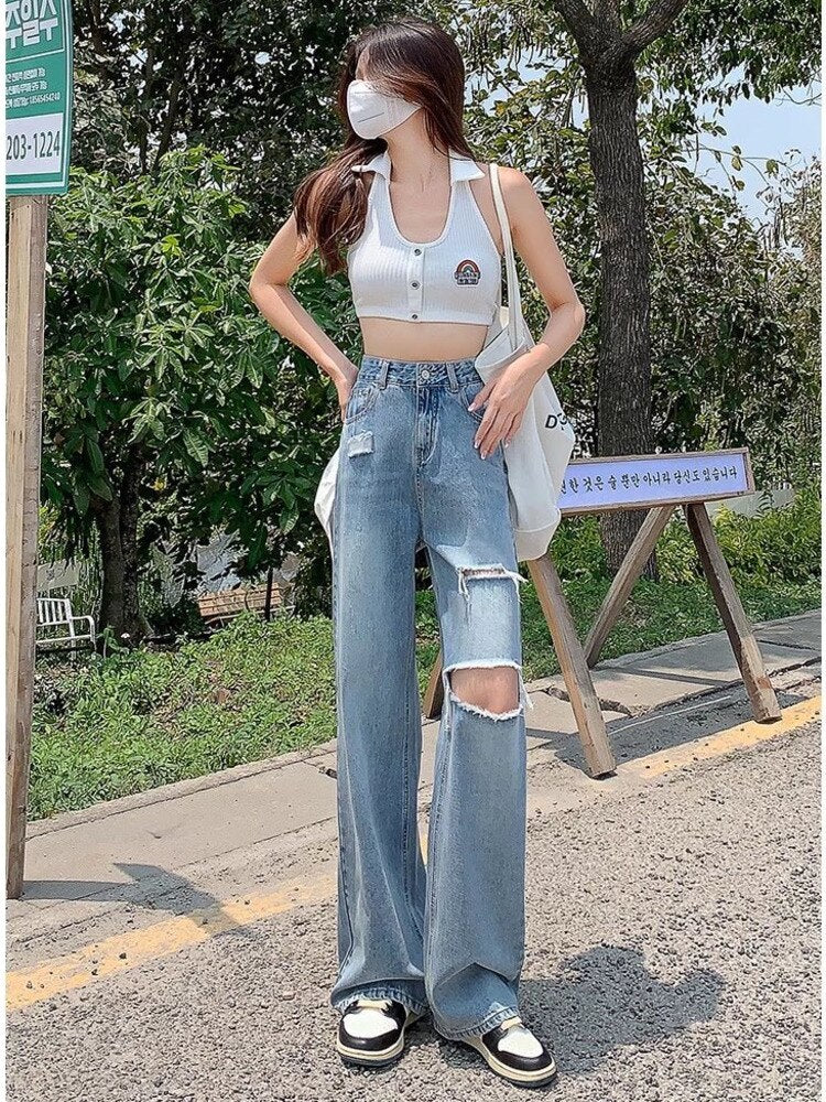 swvws Ripped Jeans Women's Summer Thin Section  New Straight Loose High Waist Thin Wide Leg Pants