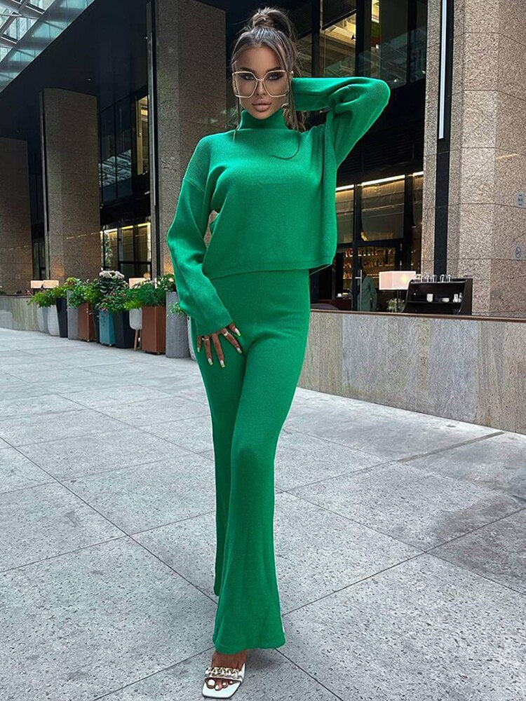 swvws Women's Turtleneck Sweater Two Piece Set  Autumn Sexy Long Sleeve Pullover Trouser Suits Female Solid Slim Lady Suit