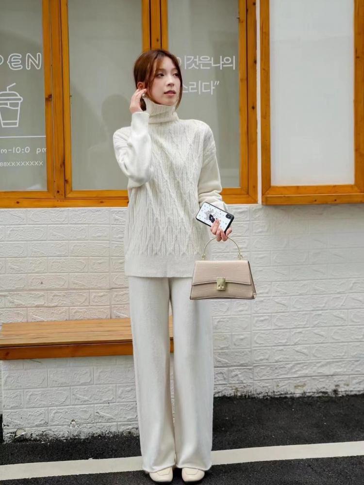 Women Solid Knit Sweater Suit Autumn Winter Casual Turtleneck Pullover High Waist Wide Leg Pants Elegant 2 Piece Sets Lazy Style