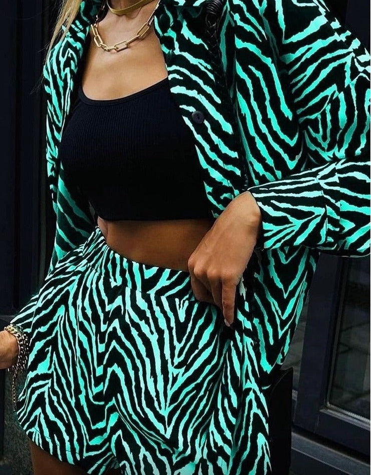 swvws Women Zebra Shorts Suits Casual Long Sleeved Button Up Top Shirts+ High-Waisted Mini Shorts 2 Pieces Sets Streetwear