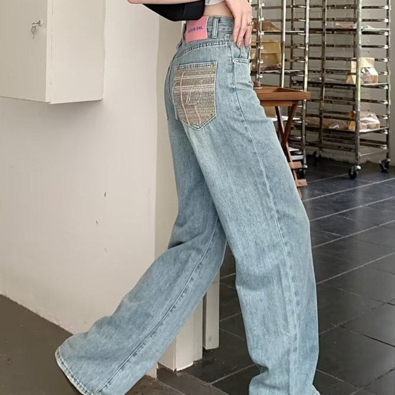 swvws Baby Blue Loose Straight Jeans Women's High Waist Thin Summer Thin Design Tassel Versatile Wide Leg Pants Trend