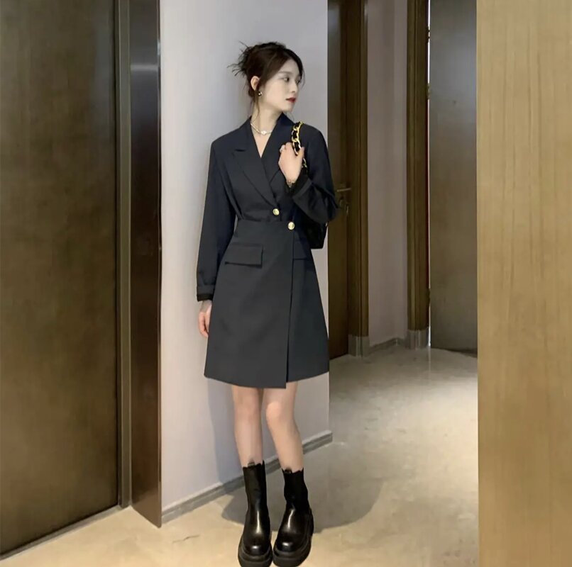 swvws Korean Chic Solid Short Dresses for Women  Autumn New Fashion Long Sleeve Notched Slim Office Lady A-line Female Clothing