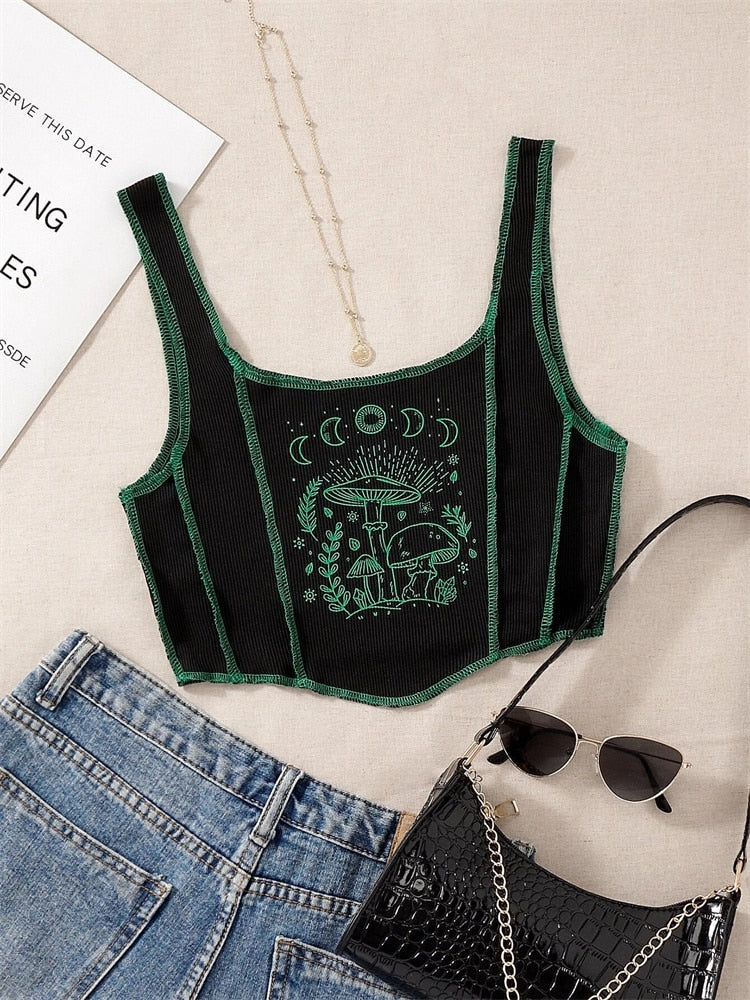 swvws Gothic Grunge Print Crop Tank Top For Women Summer Sleeveless Topstitching Patchwork Asymmetrical Cute Baby Tee Y2K Shirts