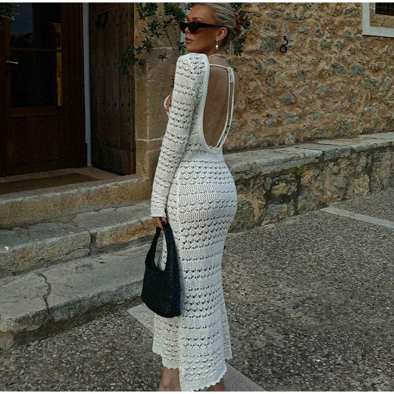 swvws Sexy Backless Knit Dress Women White Hollow Out Beach Club Midi Dresses Female  Summer Bodycon O-Neck Lace Up Lady Vestidos