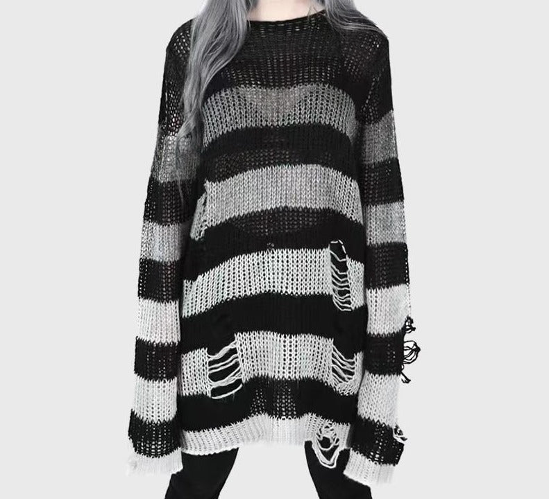 swvws Punk Gothic Sweater Emo Tops E-Girls Mall Goth Pullovers Y2k Harajuku Grunge Clothes Alt Dark Aesthetic Striped Jumpers