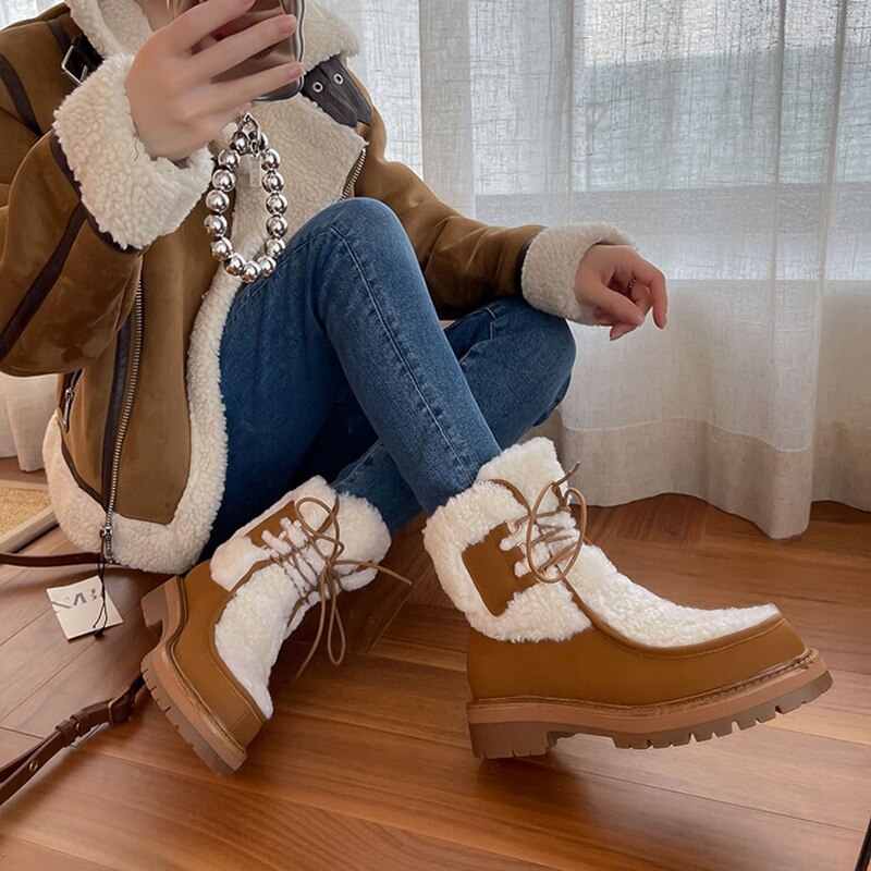 swvws  fashion inspo   NEW Winter Boots Women Split Leather Shoes for Women Round Toe Chunky Heel Women Boots Platform Snow Boots Warm Plush Boots