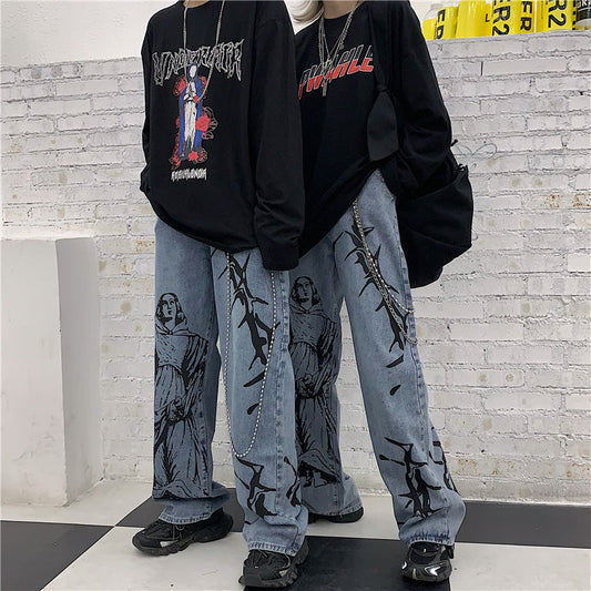 swvws Harajuku Women Jeans Pants Streetwear Print Hippie Denim Pants Women Korean Style Wide Leg Pants Vintage Grunge Trousers