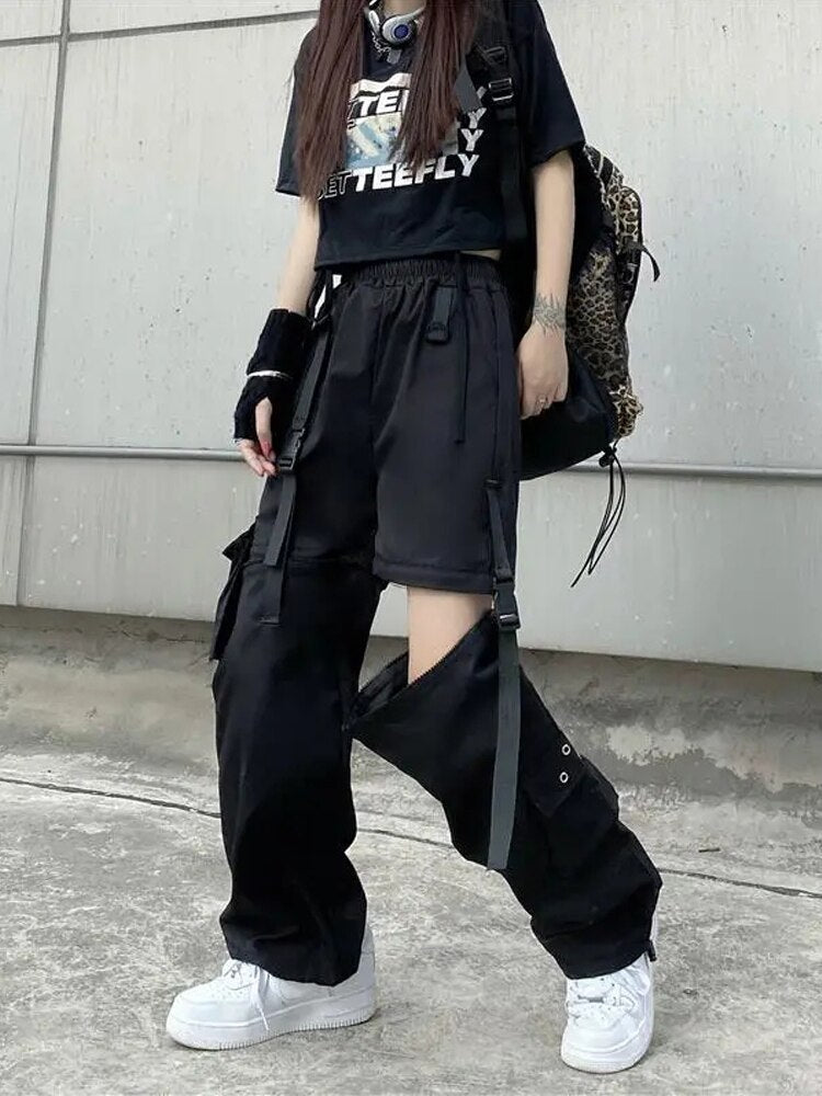 swvws Techwear Gothic Detachable Cargo Pants Women Emo Harajuku Oversize Pockets Hollow Out Joggers Trousers Female Hippie Punk