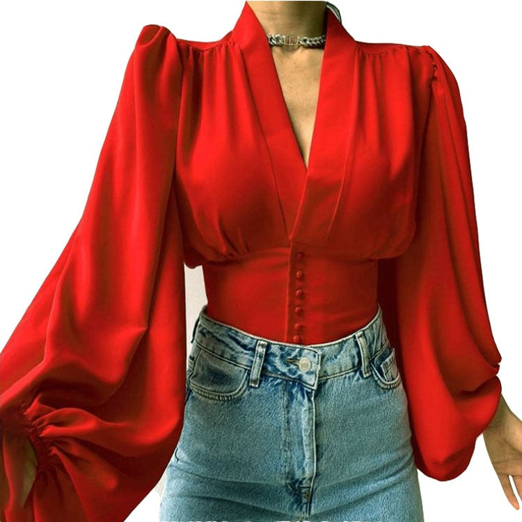 swvws Sexy Keyhole Halter Long-Sleeved Blouse Elegant High Collar Ruffled Solid Shirt Streetwear Ladies Casual Top  New Solid