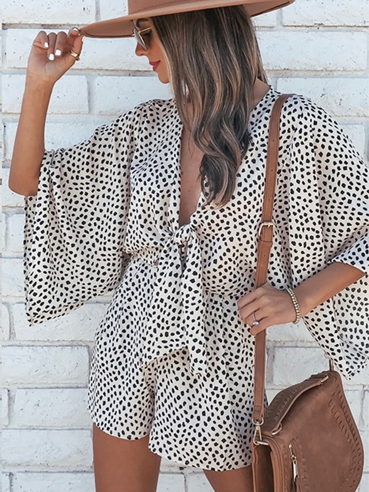 swvws Foridol Leopard Print Bowknot Wide Leg Romper Overalls  Casual Loose Summer V Neck Playsuits Short Jumpsuits Pockets